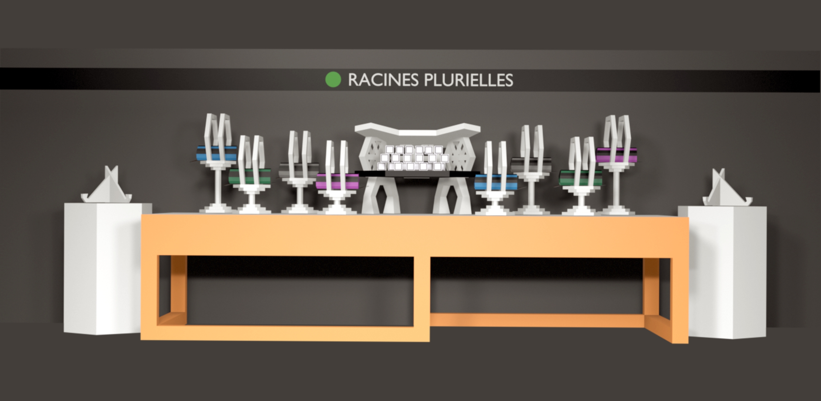 Installation collective Racines plurielles exposée sur une table